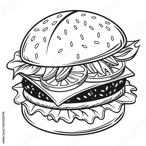 A delicious fast-food meal with a tasty beef and cheese burger on a sesame bun with lettuce, tomato, and onion