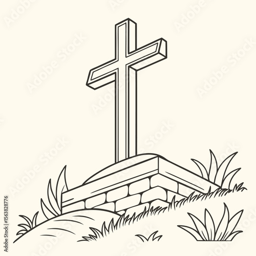 A solitary stone Celtic cross stands silhouetted against a blue sky, symbolizing faith and religious belief in a peaceful cemetery