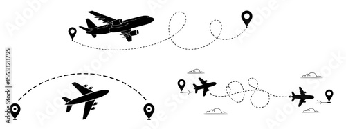 Black airplanes with dotted flight paths and location markers travel destination
