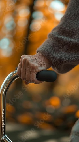 Elderly hand gripping a walker handle with autumn leaves in the background, vertical video