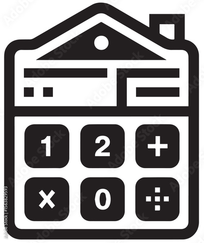 
A black and white vector icon of a calculator shaped like a house, with numbers and basic arithmetic operators on its keypad.
