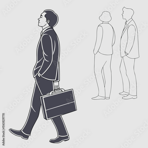 3D illustration of business people walking, a man and woman in suits with briefcases