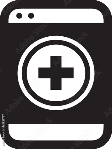 
A black and white vector image showing a mobile device or window with a prominent circular icon featuring a medical cross symbol in the center.