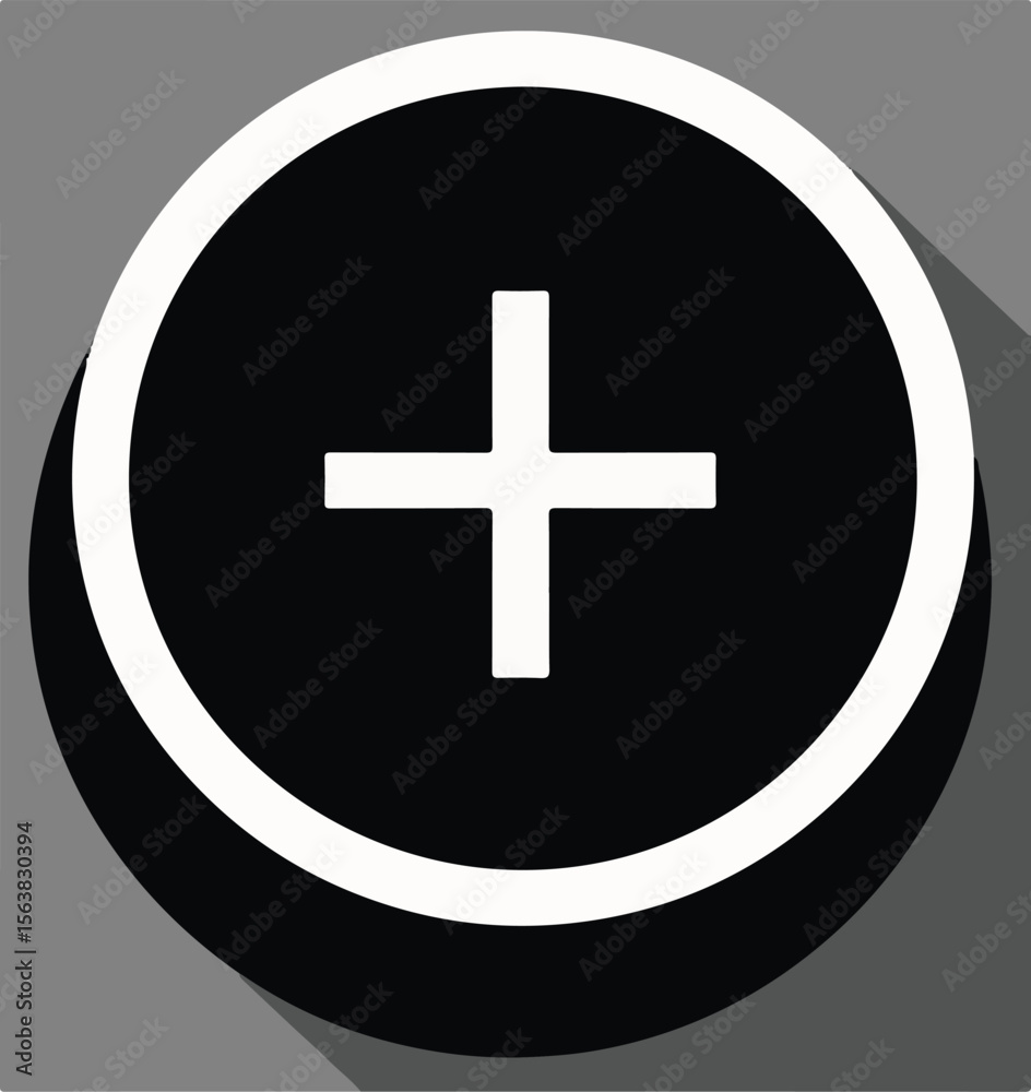Obraz premium A black circular vector icon with a white plus sign inside, featuring a subtle white outline and a long shadow on a gray background.