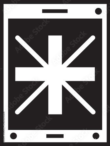 
A black and white vector image featuring a medical cross with additional diagonal lines, centered within a stylized frame resembling a smartphone or tablet.
