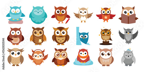 Vector art of collection of cute cartoon owls isolated on white background