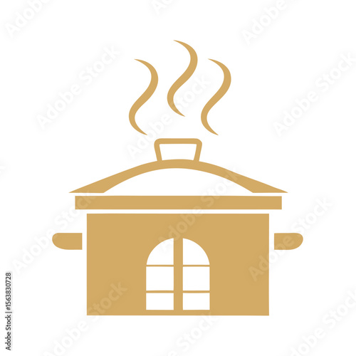 Golden pot with steam and window cooking food