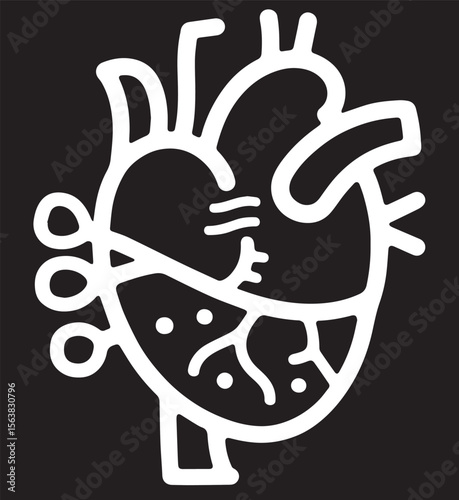 A stylized white vector illustration of an anatomical heart, featuring prominent veins and arteries on a black background.