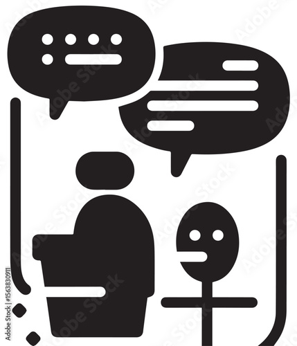 A person at a podium speaking to an audience, depicted with speech bubbles indicating communication and public speaking.