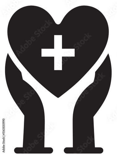A black vector image depicting two hands cradling a heart with a white medical cross symbol in its center.