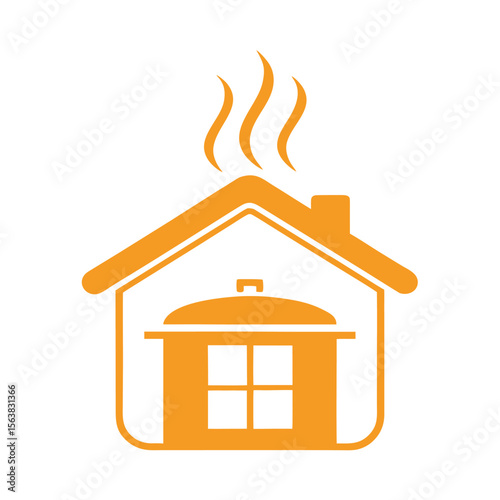 Orange house with steaming pot and window home cooking