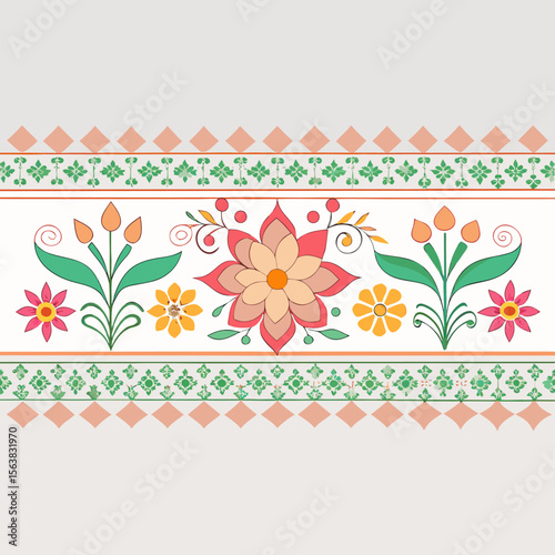 Vector Bengali Alpona Border with Pastel Floral Motifs on Transparent Background