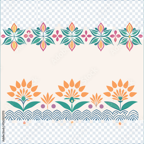 Vector Bengali Alpona Border with Pastel Floral Motifs on Transparent Background