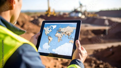 Worker using tablet with world map at construction site