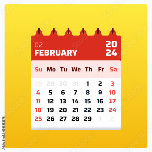 February 2024 calendar. Red calendar square. 2024 Weekend includes saturday and sunday. Monthly layout design. Calendar grid for February 2024. Vector illustration.

