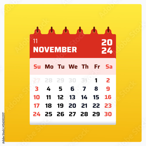 November 2024 calendar. Red calendar square. 2024 Weekend arranged sunday and saturday. Clean design layout. Calendar structure november 2024. Vector illustration.


