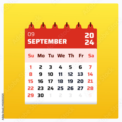 September 2024 calendar. Red calendar square. 2024 Weekend follows sunday saturday. Flat calendar layout. Monthly schedule for september 2024. Vector illustration.

