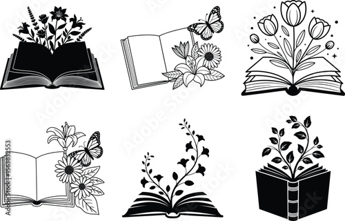Floral Book SVG Silhouette Set, Floral Book Vector Art, black and white Background. Flower Book illustration Bundle.