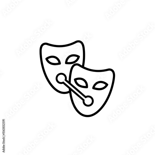 Expressive minimal line art illustration of two connected theatrical masks symbolizing drama comedy and the performing arts industry vector icon graphic design element concept