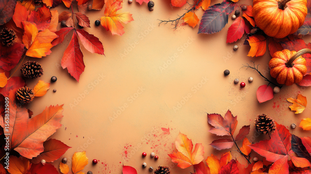 Fototapeta premium Autumn composition with colorful fallen leaves, pumpkins, pinecones, and nuts on warm background, creating seasonal frame with empty center space.
