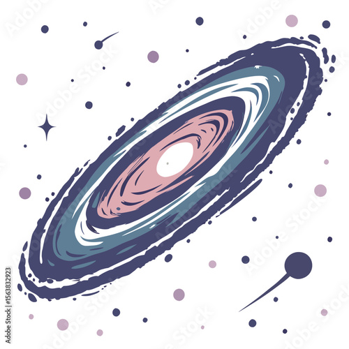 Colorful cartoon space icons with a UFO, rocket, planet, and stars illustrate galactic travel