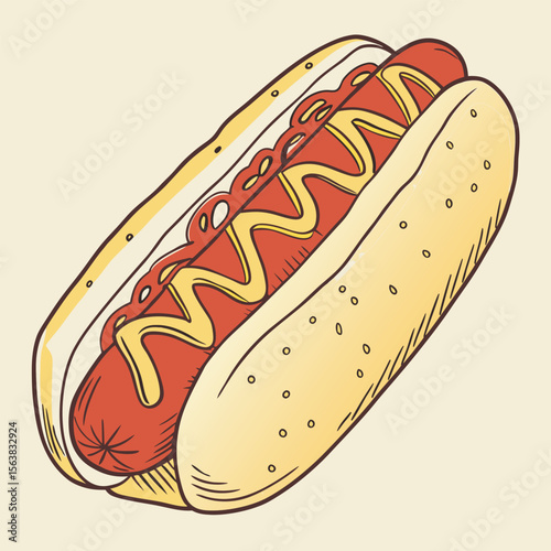 Hot dog vector illustration featuring a delicious hotdog with mustard and ketchup in a bun, perfect for a fast food snack or lunch