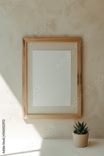 Wooden Frame on Beige Wall - Mockup
