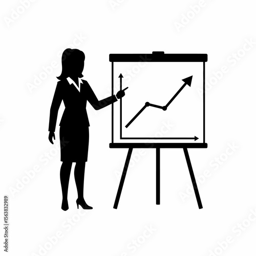 Businesswoman presenting a growing graph on a flip chart.