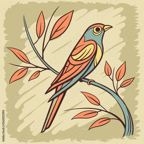 A colorful tropical parrot perches on a leafy branch, a vibrant vector illustration capturing the essence of jungle wildlife