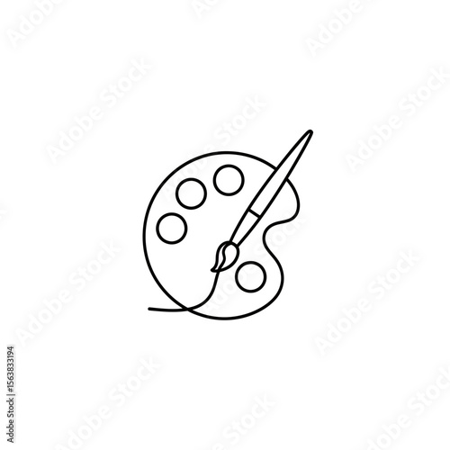 Minimalist black continuous line art drawing of a paint palette with artistic brush depicting creativity hobby education artistic tool flat icon vector illustration for creative