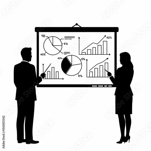 Silhouetted man and woman presenting financial data on a projector screen with charts and graphs.