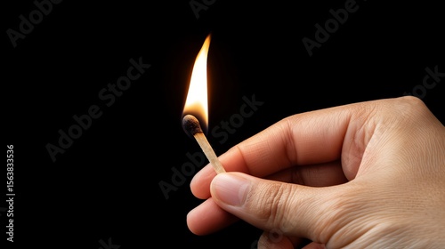 A hand holding a lit matchstick against a black background, showcasing a warm, flickering flame.