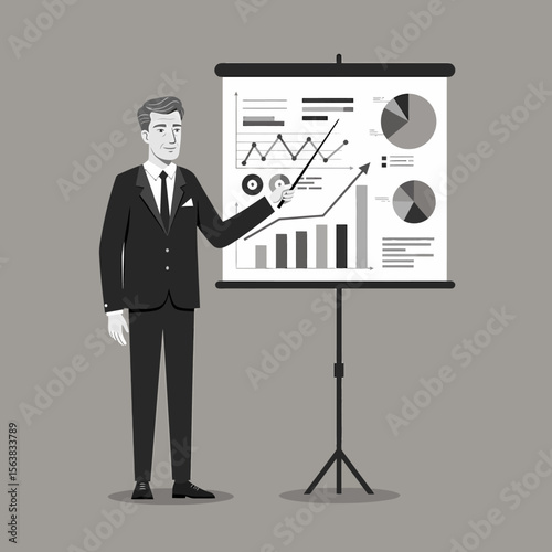 Businessman presenting financial data on a flip chart, showcasing upward trends and growth.