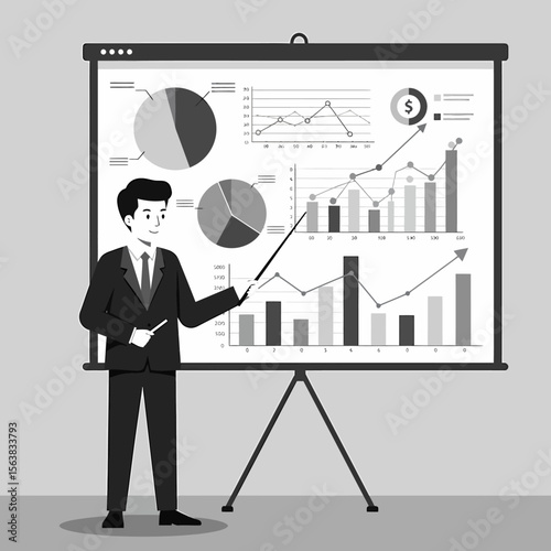 A businessman in a suit presenting financial data and charts on a large screen.