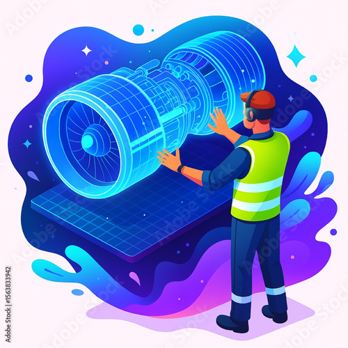 Engineer inspecting a jet engine simulation with augmented reality, showcasing aviation technology and engineering innovation.
