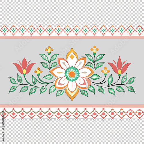 Vector Bengali Alpona Border with Pastel Floral Motifs on Transparent Background
