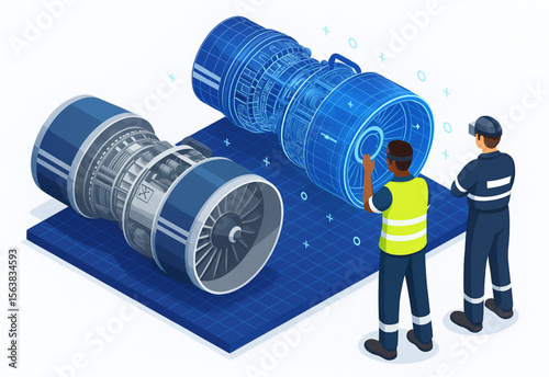 Aerospace engineers collaborate on jet engine design, using virtual reality and technical blueprints to optimize propulsion system performance.