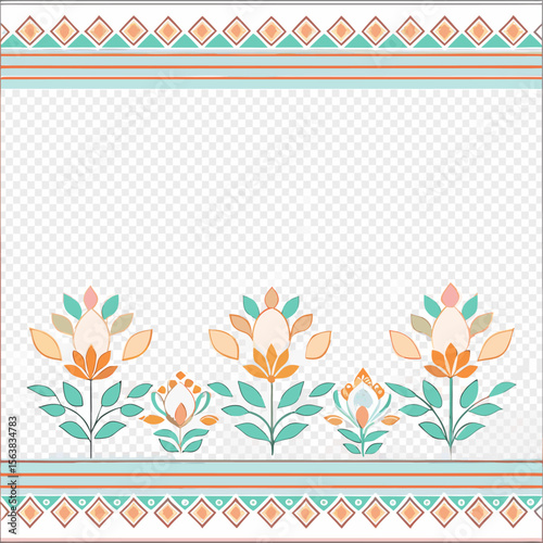 Vector Bengali Alpona Border with Pastel Floral Motifs on Transparent Background