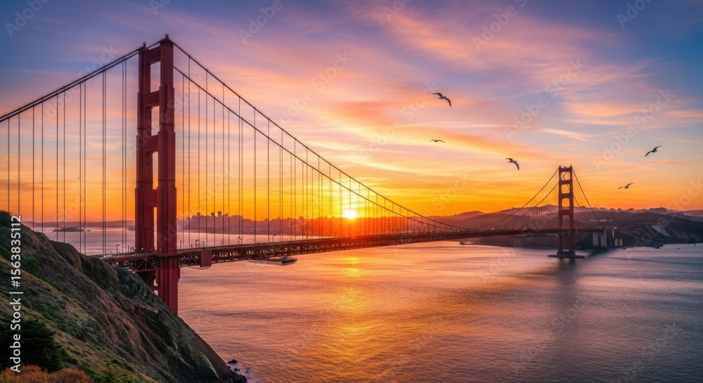Fototapeta premium Golden Gate Bridge Sunrise Over Pacific Ocean with Birds Flying