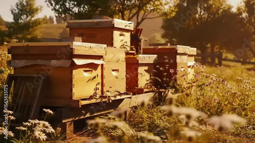 Honeybee hives sunset farmland.