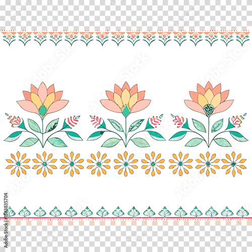 Vector Bengali Alpona Border with Pastel Floral Motifs on Transparent Background