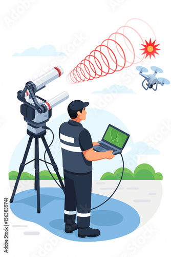 Illustration showing drone defense system featuring a security worker, drone and weapon technology designed to counter threats.