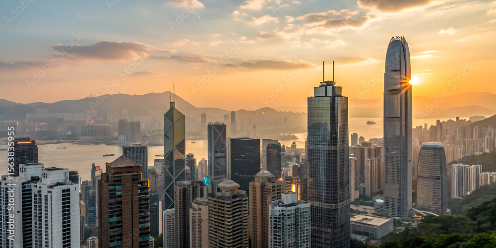 Obraz premium A stunning sunset view over the hong kong skyline, with skyscrapers rising from the sea and mountains in the background