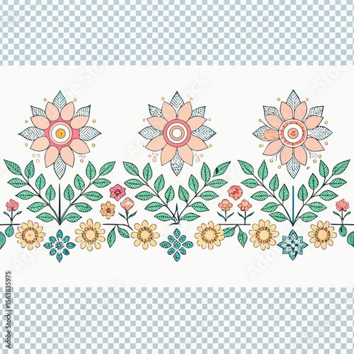 Vector Bengali Alpona Border with Pastel Floral Motifs on Transparent Background