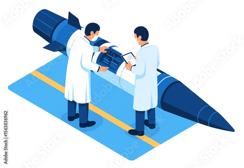 Isometric vector graphic showcases scientists in lab coats inspecting a missile, symbolizing technology, research, and engineering advancement.