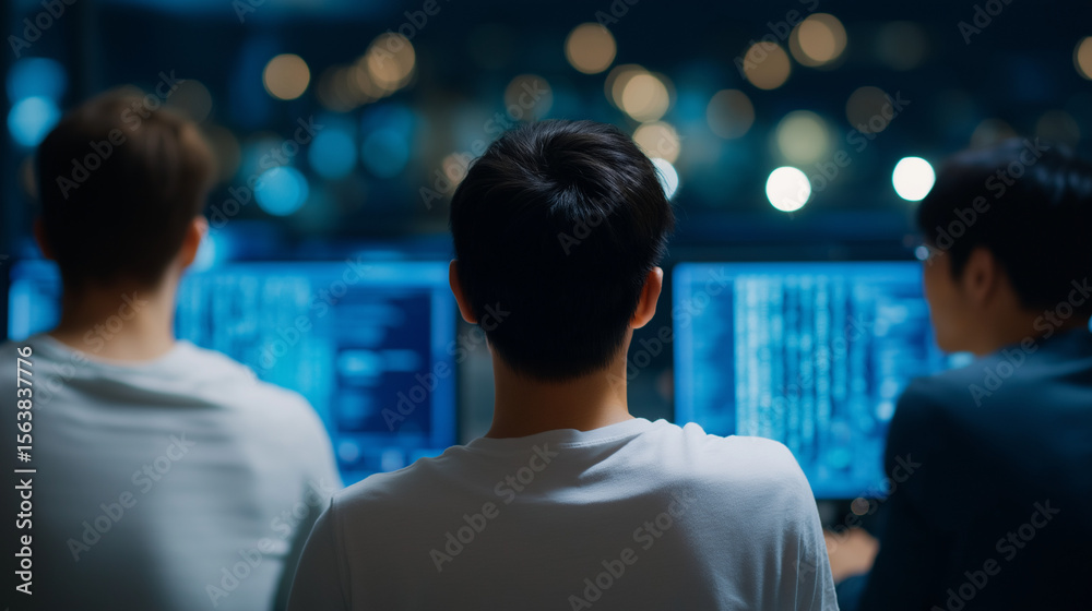 Obraz premium Asian software engineers collaborating on AI development at night