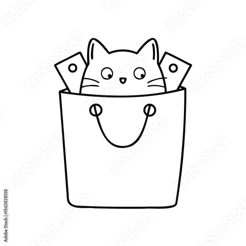 Handdrawn cat in shopping bag with sale tags, november shopping concept vector