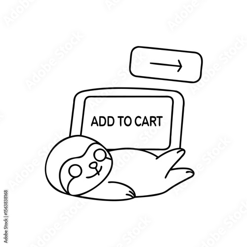 Handdrawn sloth with laptop add to cart text arrow symbol for sale november animal