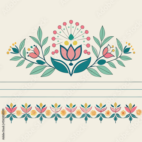 Vector Bengali Alpona Border with Pastel Floral Motifs on Transparent Background