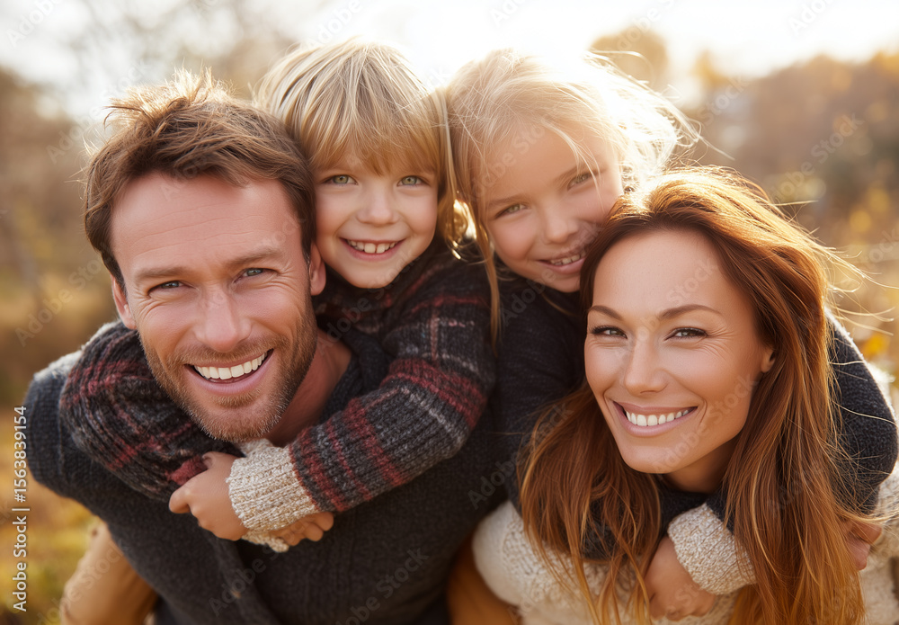 Obraz premium Familia disfrutando de pura alegría y conexión en un día soleado. Padres sonrientes llevando a sus hijas a caballito en la playa.